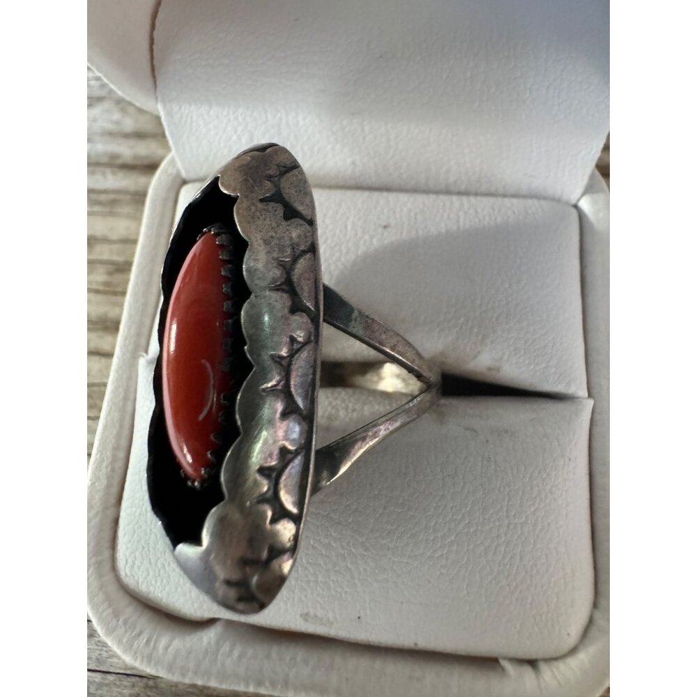Shadow Box Coral Navajo Native American Sterling Silver Ring Size 7 - Picture 5 of 9